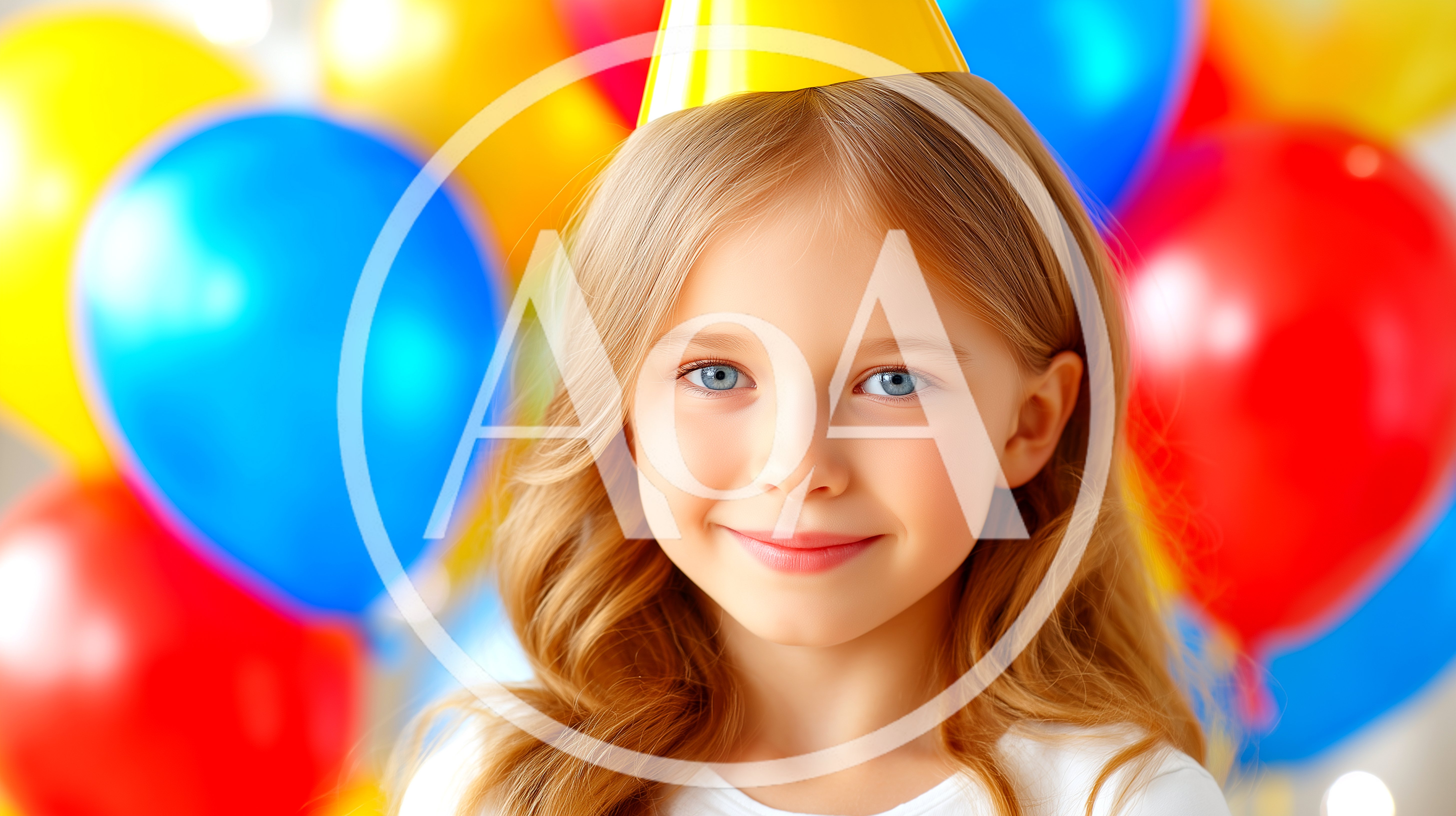 Young Girl Wearing Party Hat With Colorful Balloons