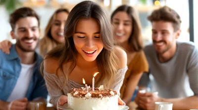 Young Woman Blowing Out Birthday Cake Candles With Friends