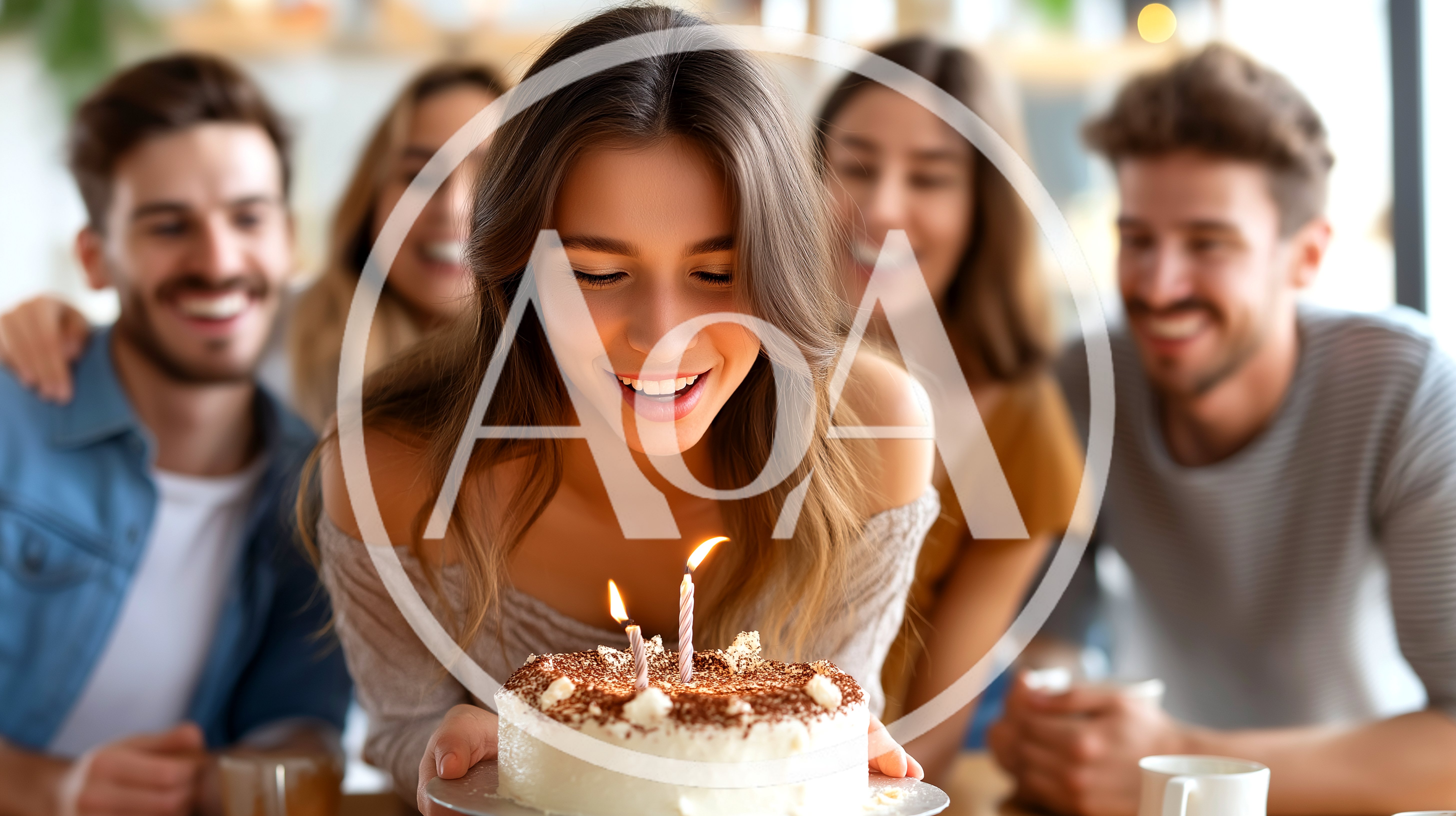 Young Woman Blowing Out Birthday Cake Candles With Friends