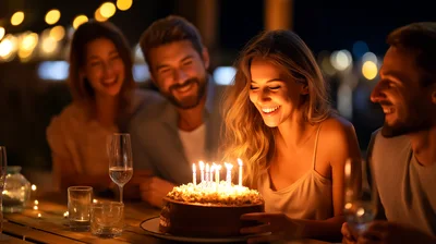 Friends Celebrating Birthday With Cake At Night