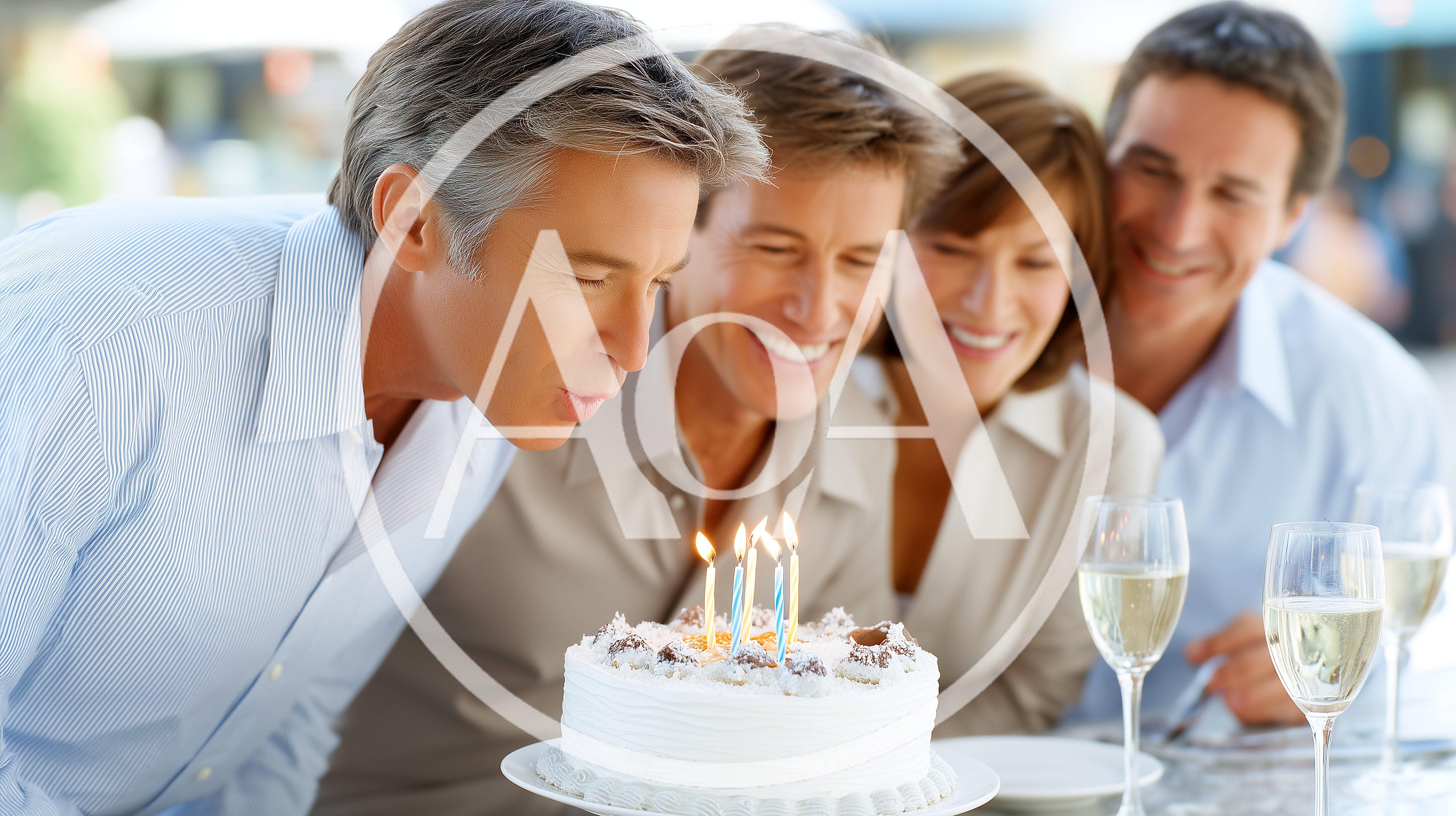 Mature Friends Celebrating Birthday With Cake And Champagne