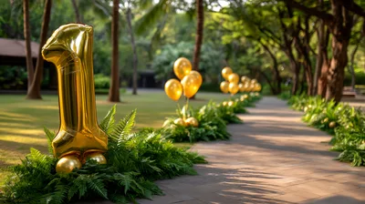Gold Number One Balloon Decoration Along Garden Path
