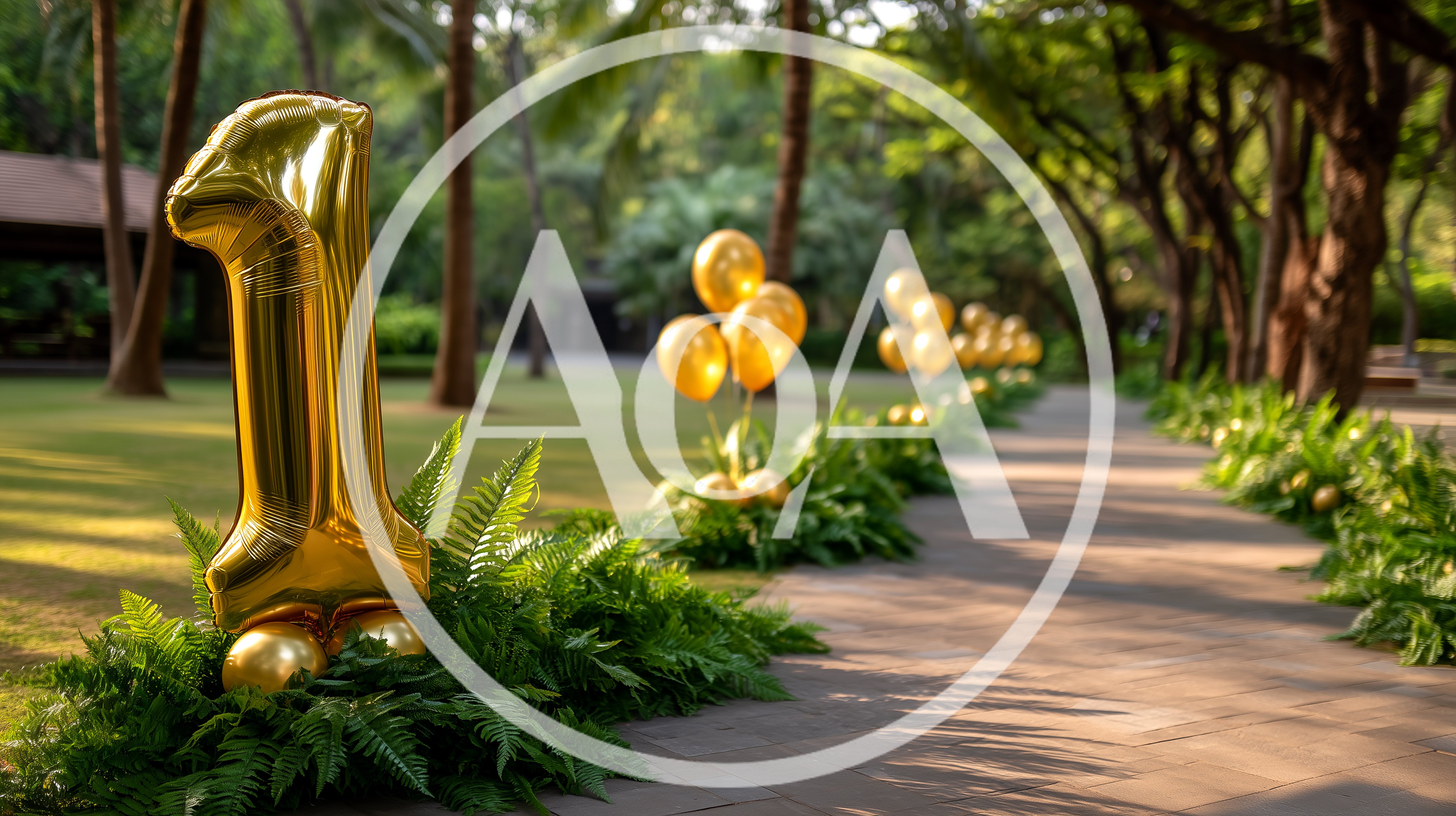 Gold Number One Balloon Decoration Along Garden Path