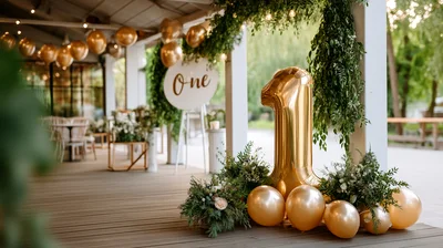 First Birthday Party Decoration With Gold Balloons