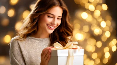 Young Woman Opening A Christmas Gift With Joy