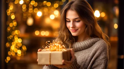 Young Woman Holding A Gift Box With Bokeh Lights
