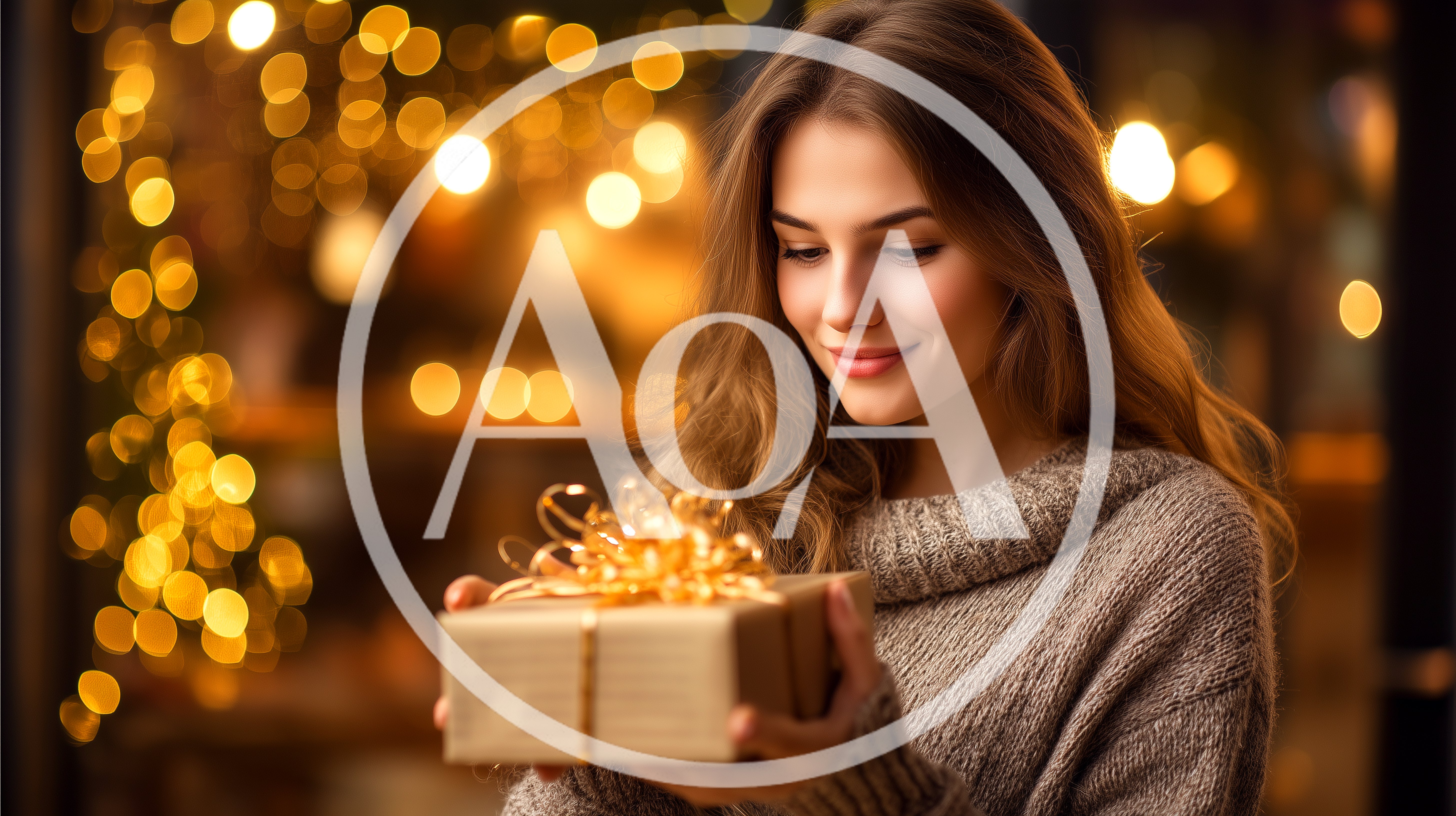 Young Woman Holding A Gift Box With Bokeh Lights