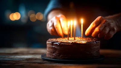 Elderly Person Placing Candles On A Chocolate Birthday Cake