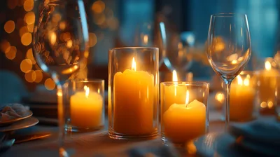 Candlelit Dinner Table Setting With Wine Glasses