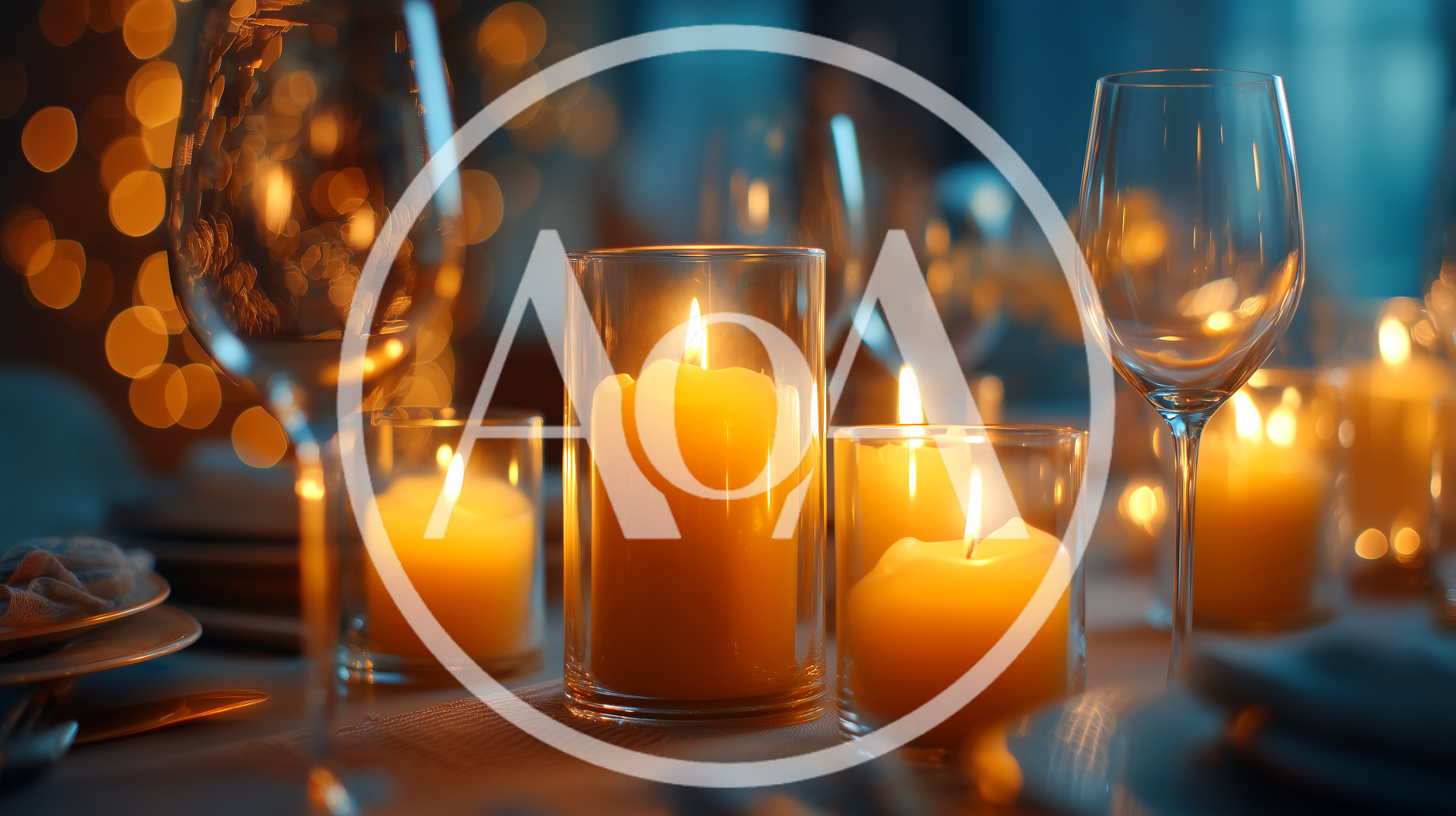 Candlelit Dinner Table Setting With Wine Glasses