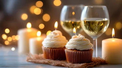 Two Cupcakes With Lit Candles And Wine Glasses