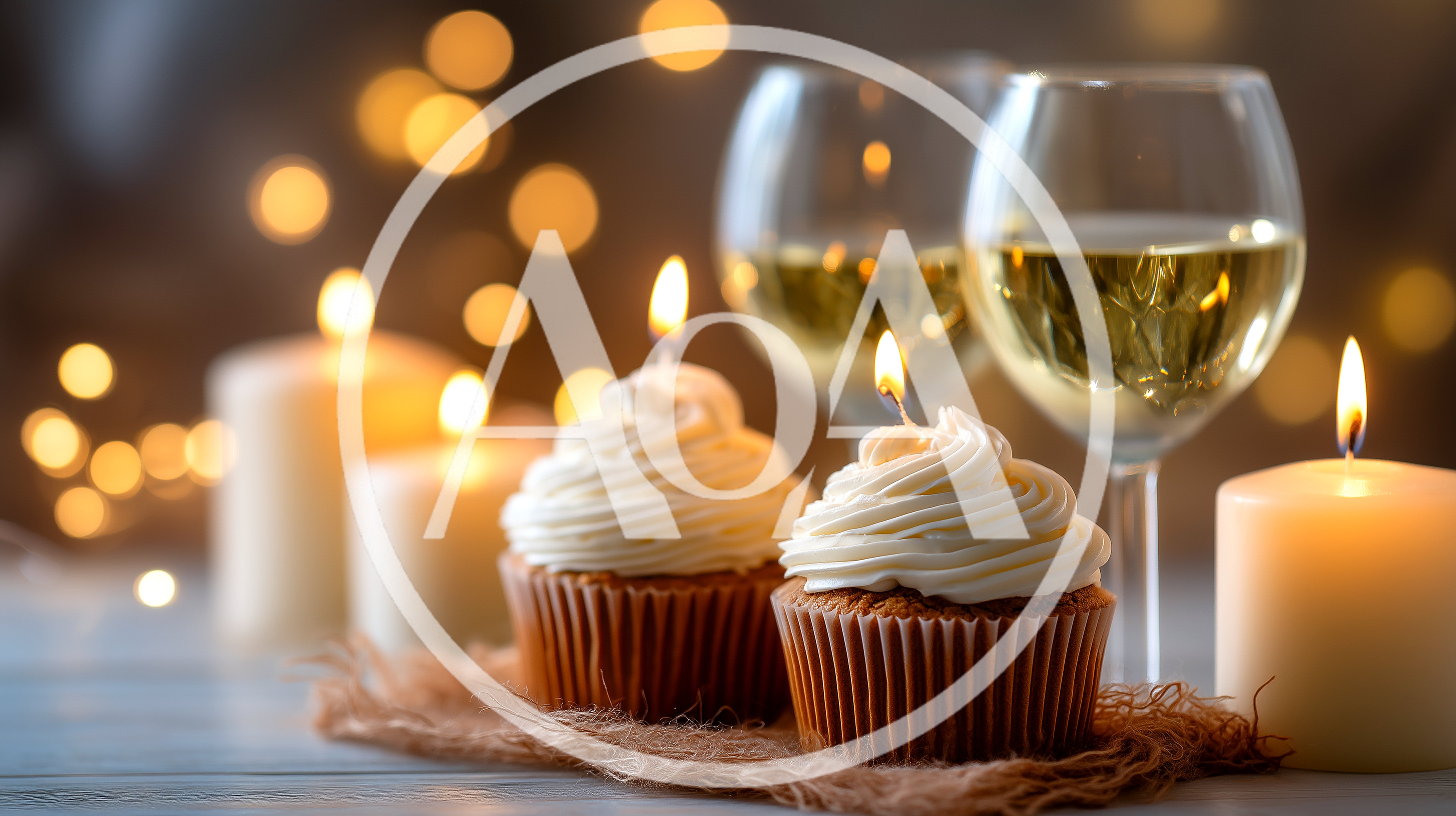 Two Cupcakes With Lit Candles And Wine Glasses