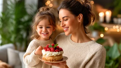 Mother and Daughter Holding a Raspberry Cake