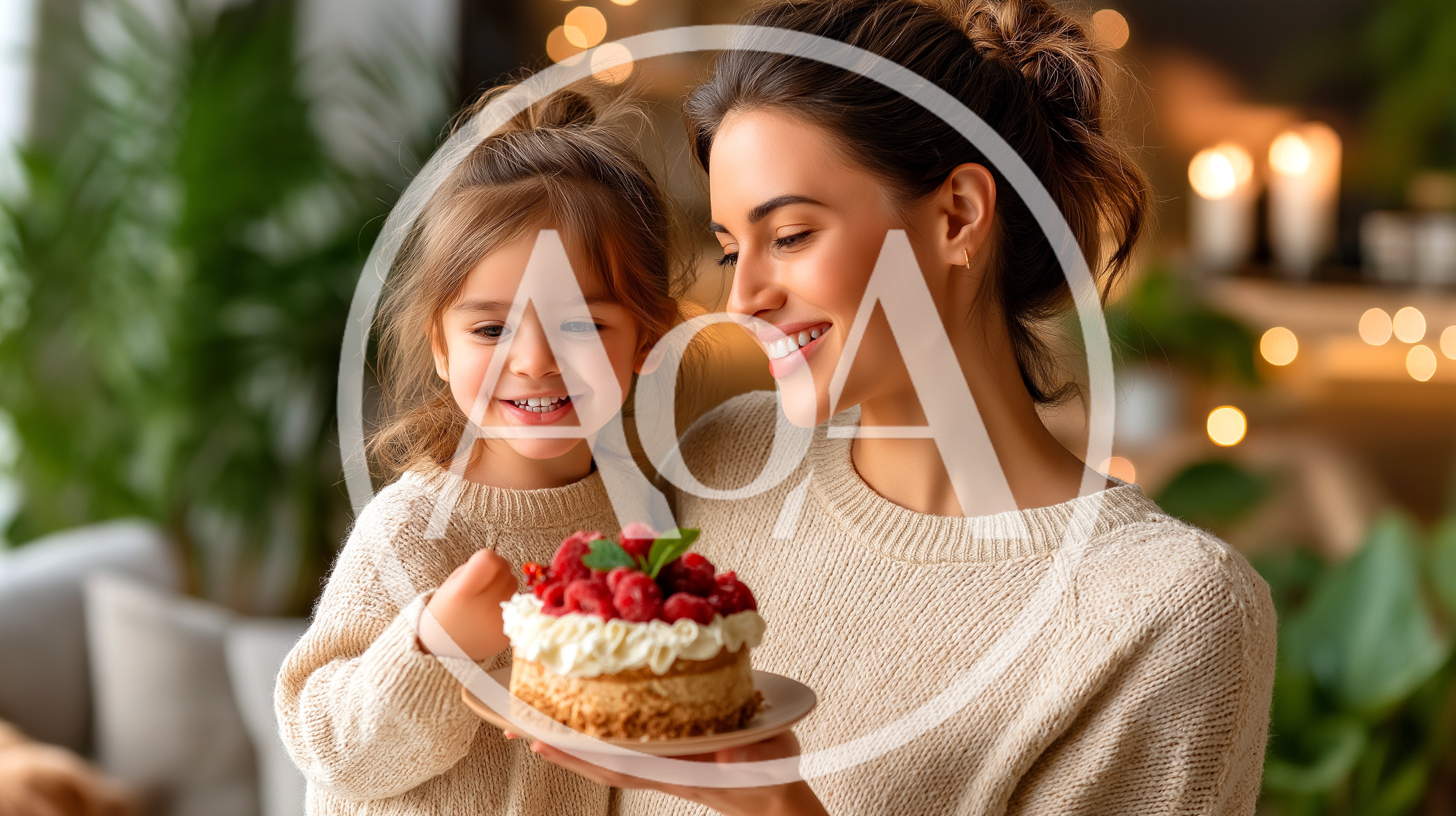 Mother and Daughter Holding a Raspberry Cake