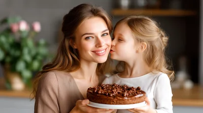Mother and Daughter Holding Chocolate Cake