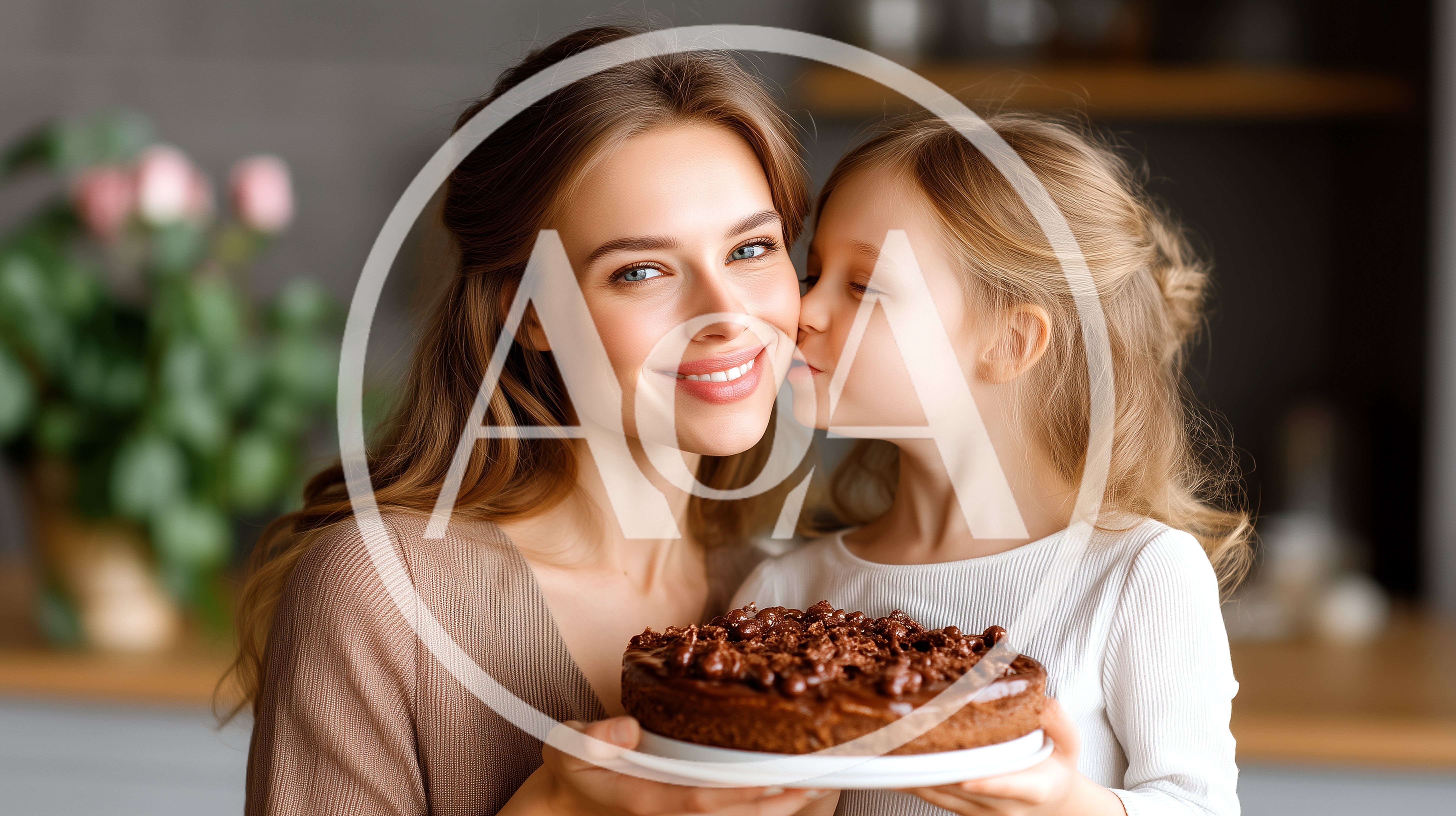Mother and Daughter Holding Chocolate Cake