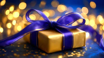 Golden Gift Box With Blue Ribbon And Bokeh Lights
