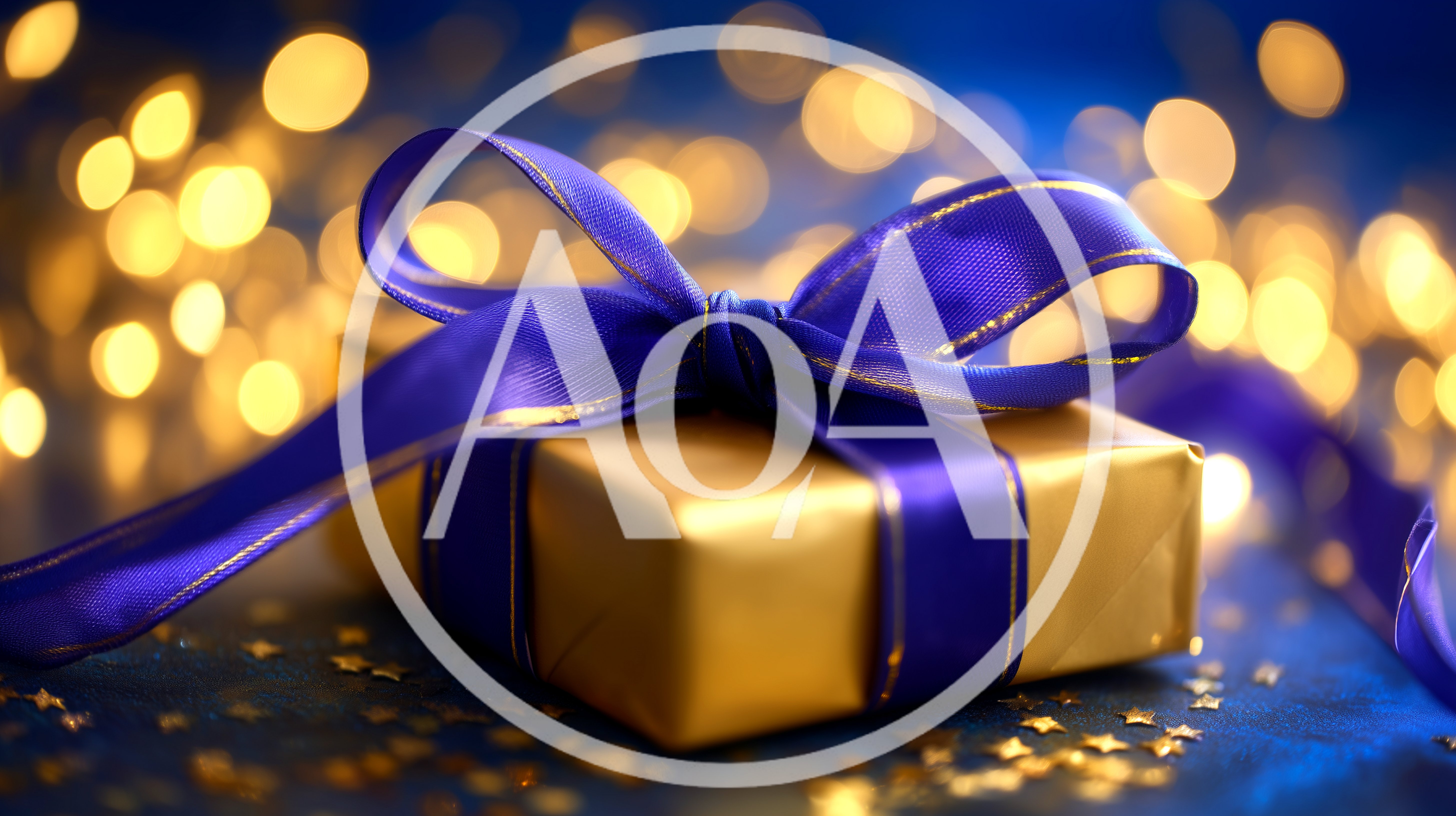 Golden Gift Box With Blue Ribbon And Bokeh Lights