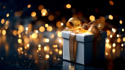 White Gift Box With Gold Ribbon And Bokeh Lights