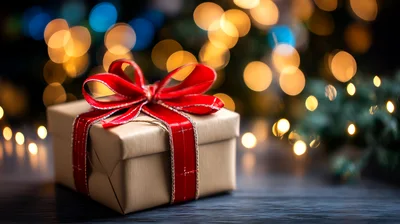 Christmas Gift Box With Red Ribbon On Dark Surface