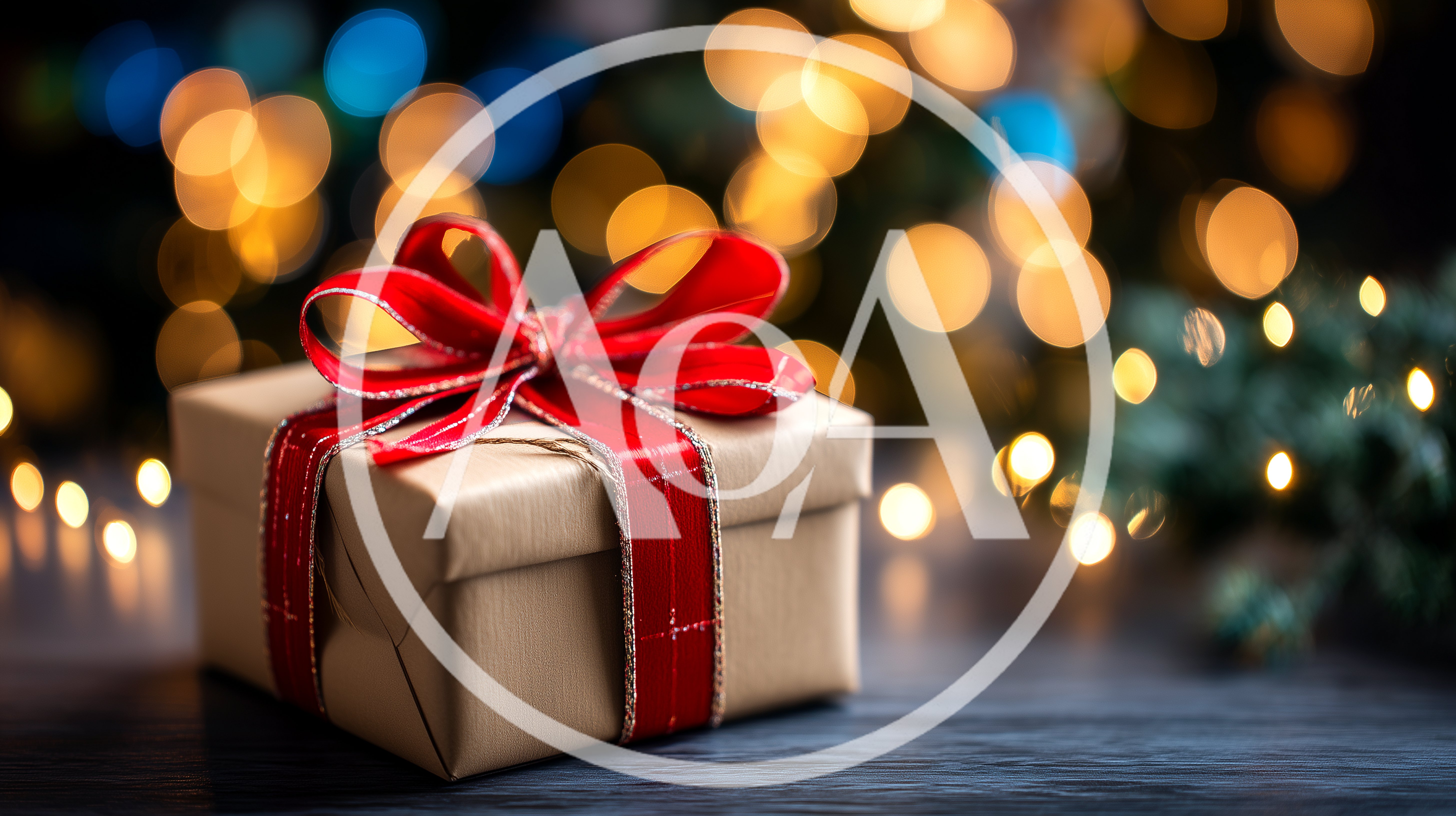 Christmas Gift Box With Red Ribbon On Dark Surface
