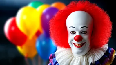 Creepy Clown With Red Hair And Balloons