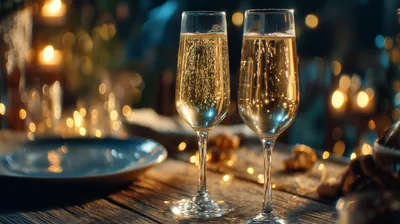 Two Champagne Flutes On A Rustic Wooden Table