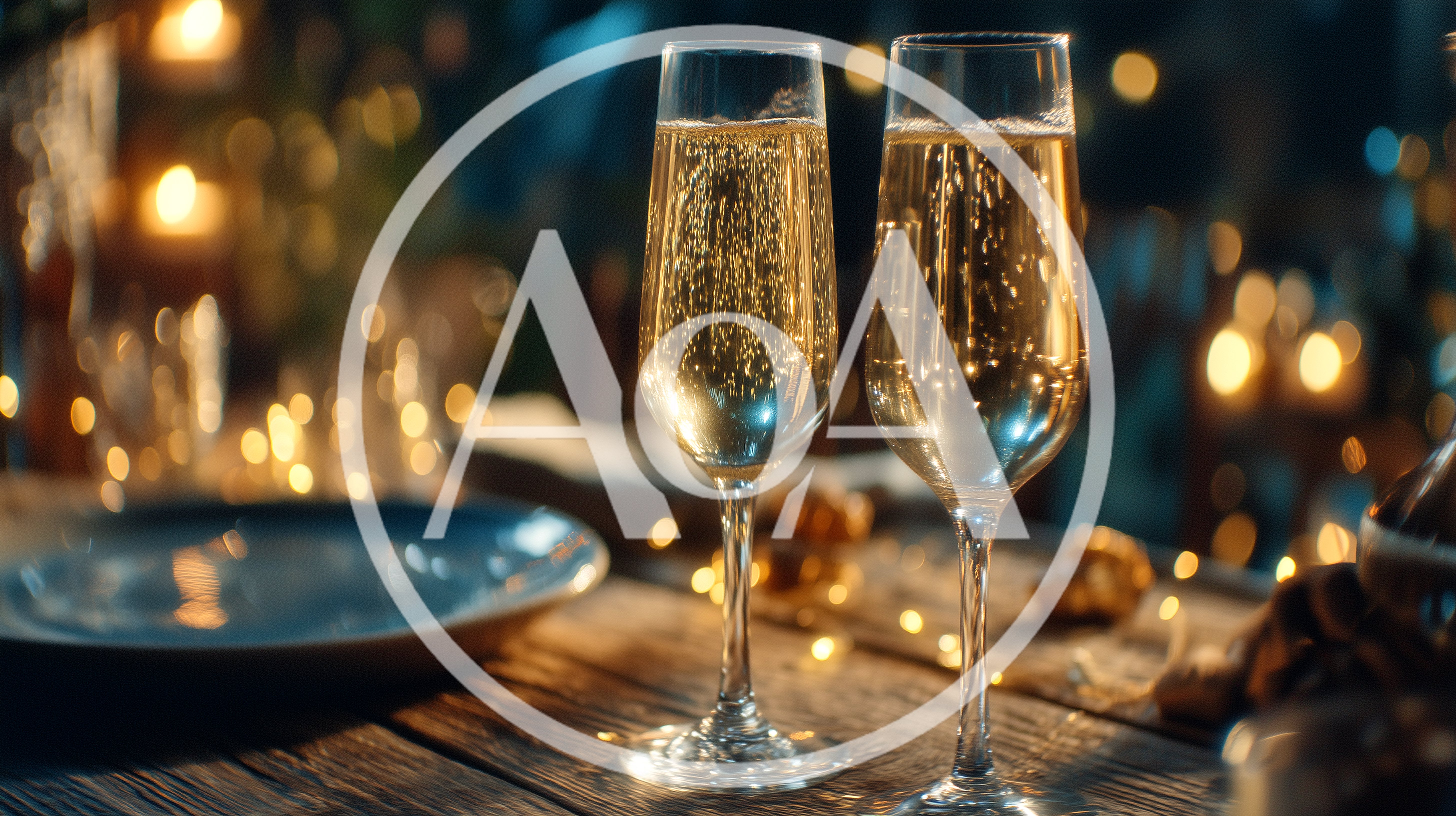 Two Champagne Flutes On A Rustic Wooden Table