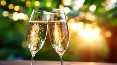Two Champagne Flutes Toasting At Sunset