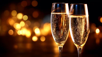 Two Flutes Of Sparkling Champagne With Bokeh Background