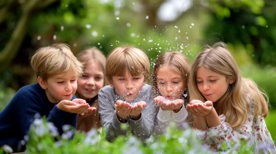 Five Children Blowing Glitter In A Sunny Garden