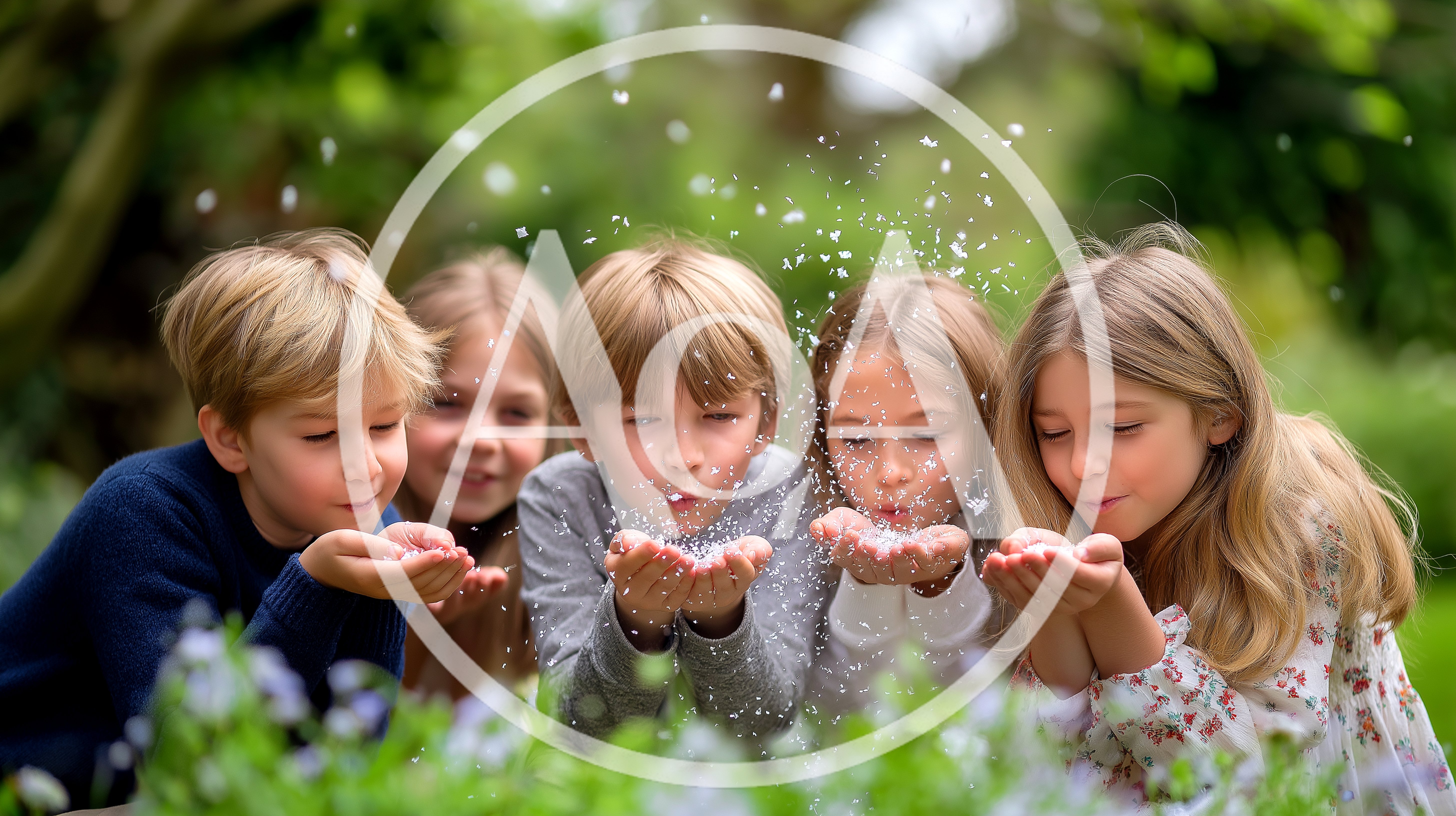 Five Children Blowing Glitter In A Sunny Garden