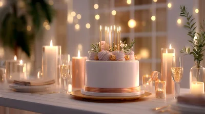 Birthday Cake With Lit Candles On A Decorated Table