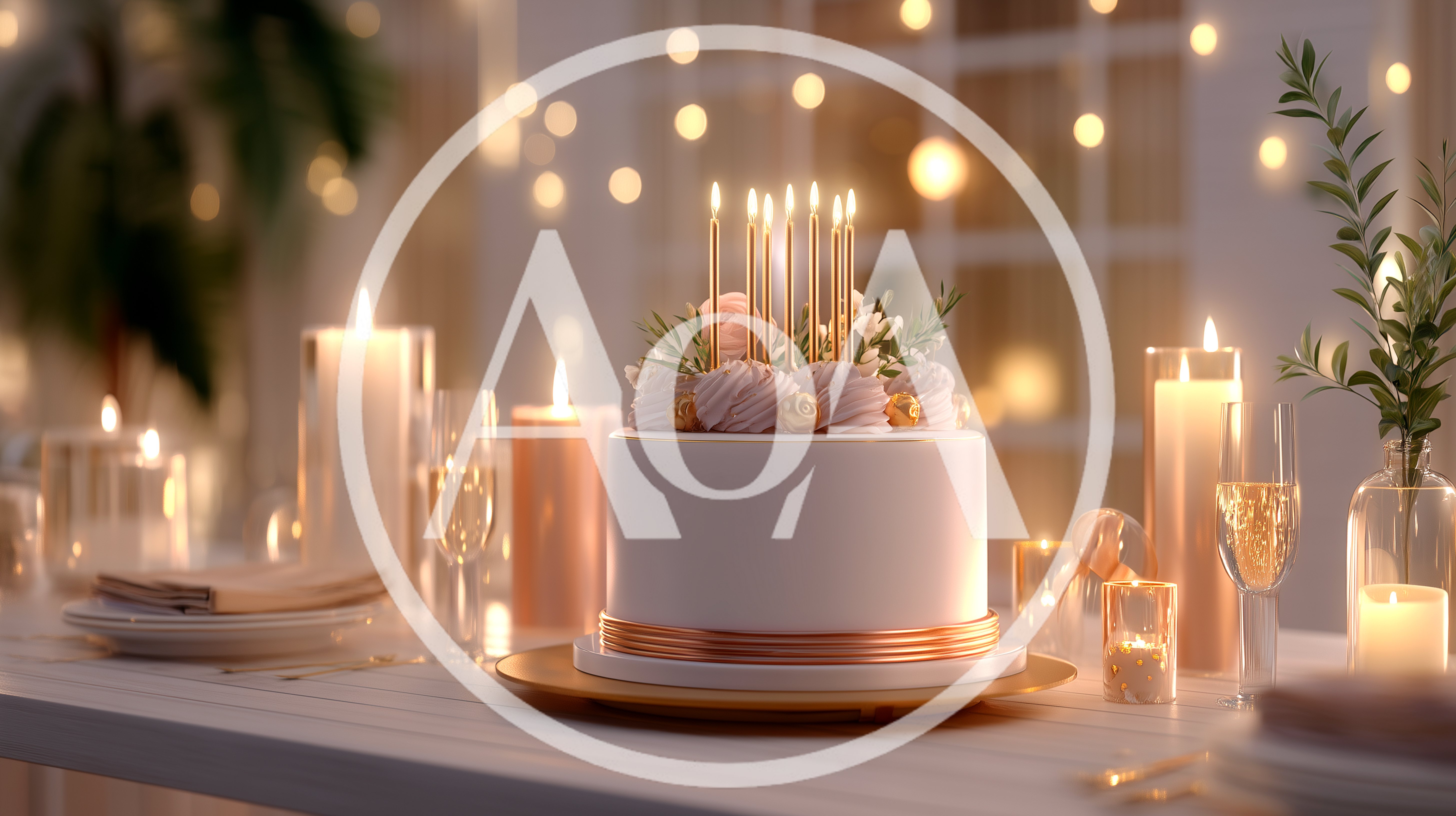 Birthday Cake With Lit Candles On A Decorated Table