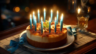 Birthday Cheesecake With Lit Candles On A Table