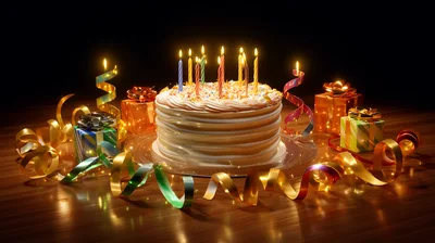 Birthday Cake With Lit Candles And Gift Boxes