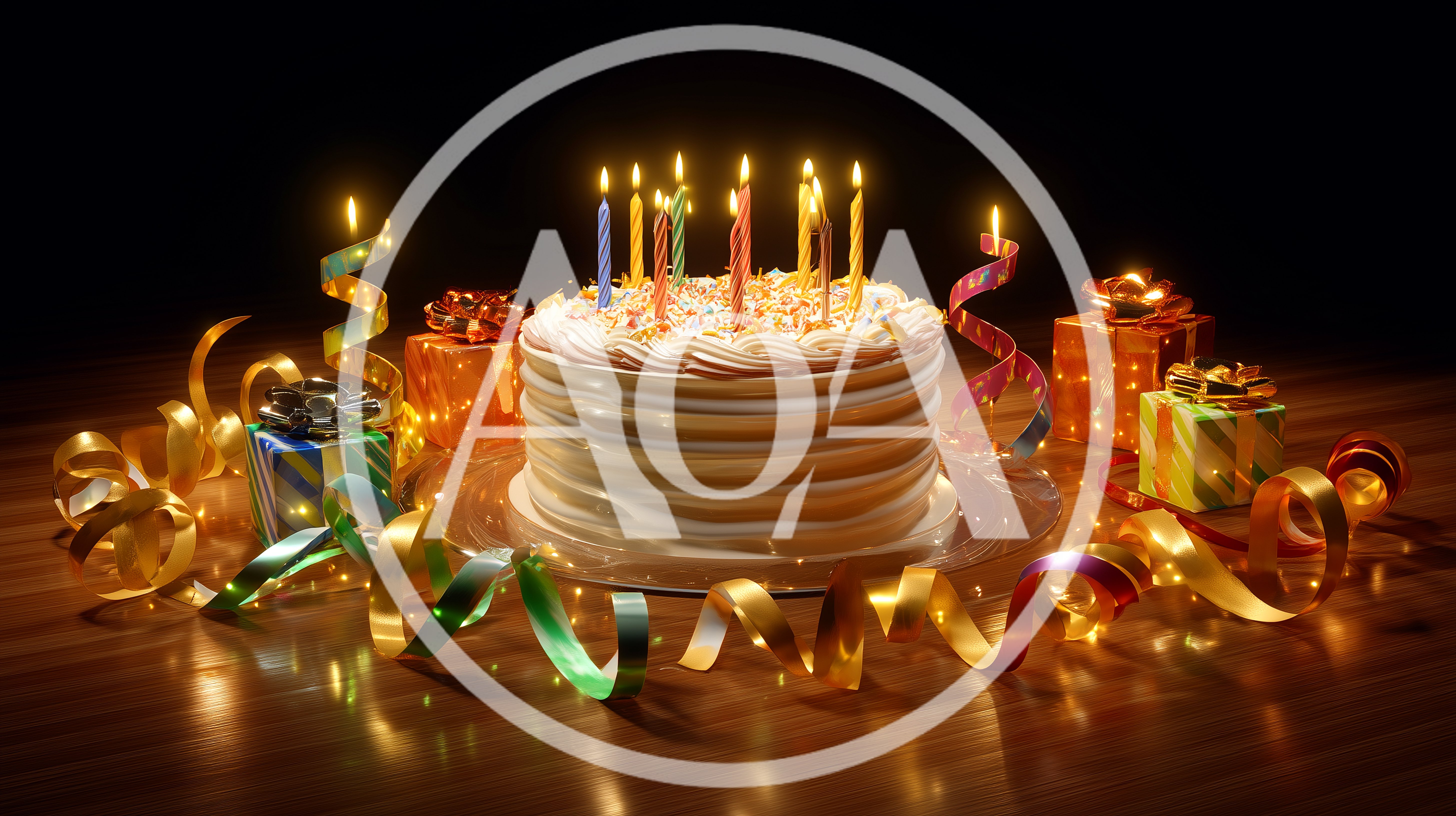 Birthday Cake With Lit Candles And Gift Boxes