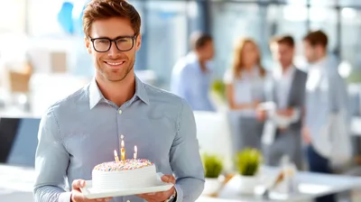 Professional Man Holding Birthday Cake In Office