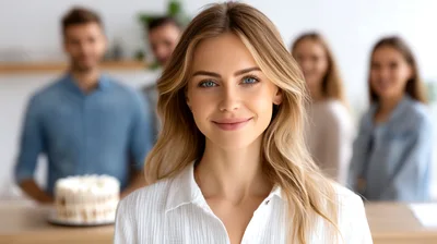 Young Woman Smiling During Office Birthday Celebration