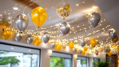 Festive Ceiling Decoration With Balloons And Fairy Lights