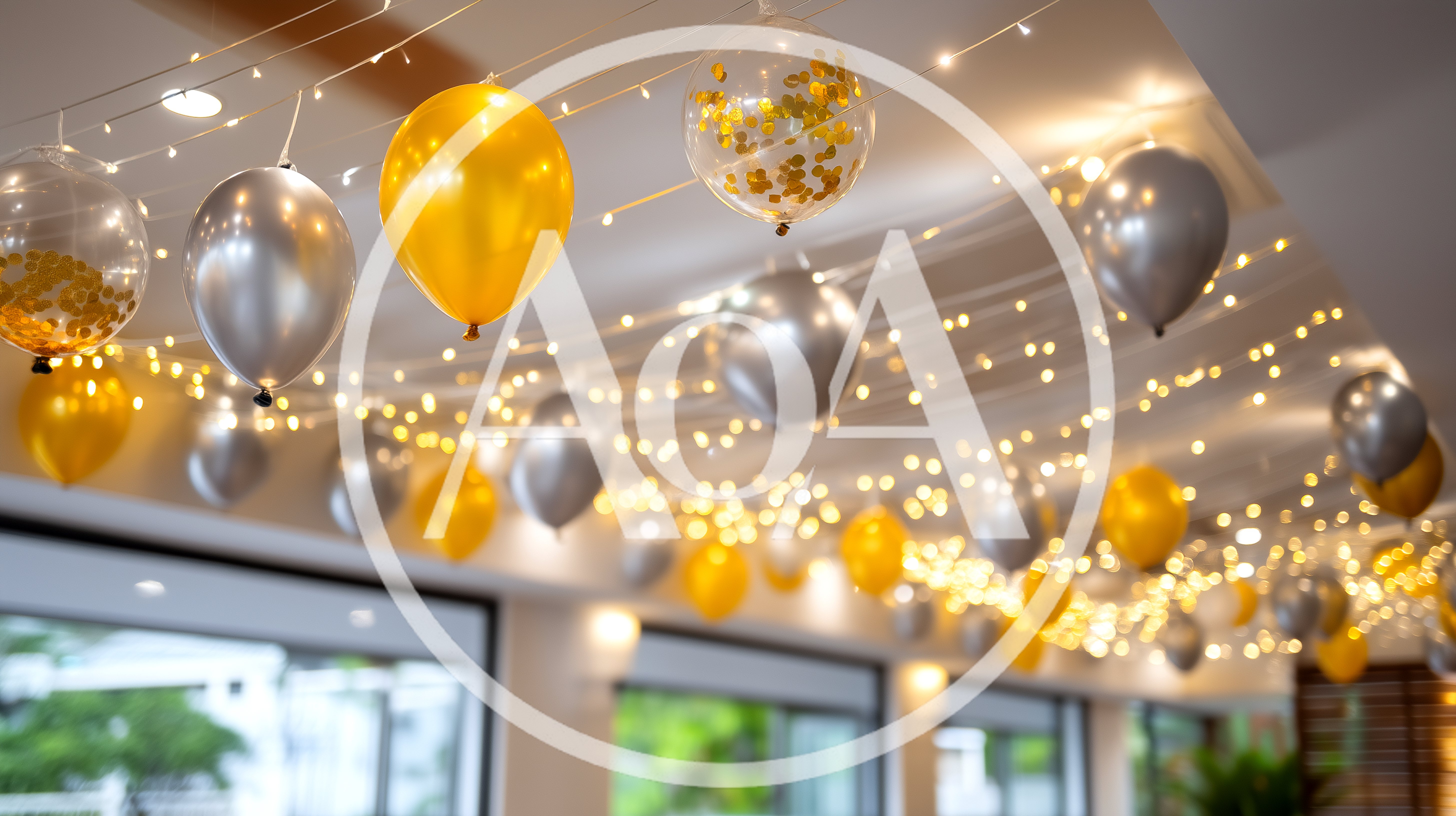 Festive Ceiling Decoration With Balloons And Fairy Lights