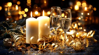 Two Lit Candles And Champagne Flutes For New Year