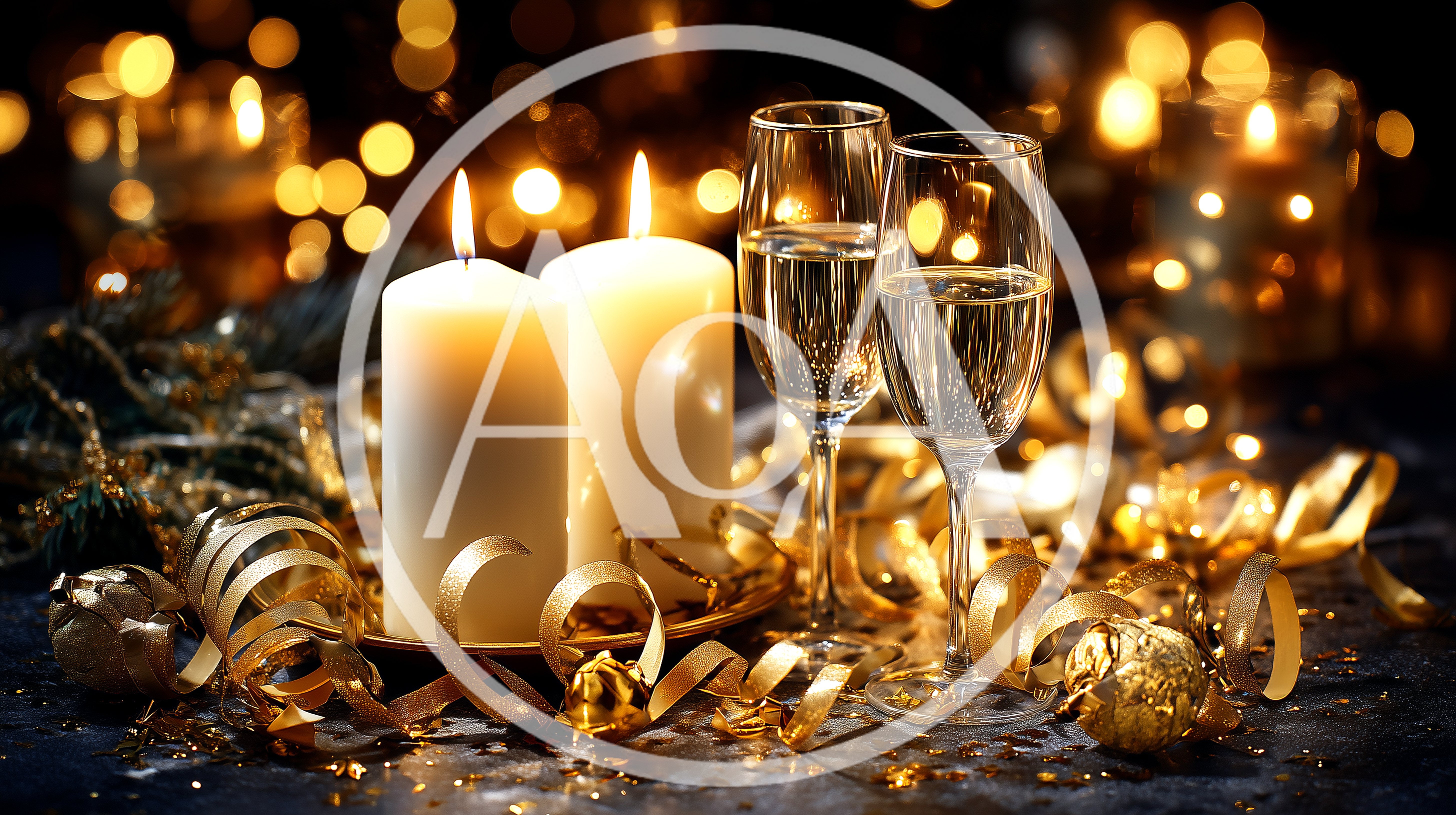 Two Lit Candles And Champagne Flutes For New Year