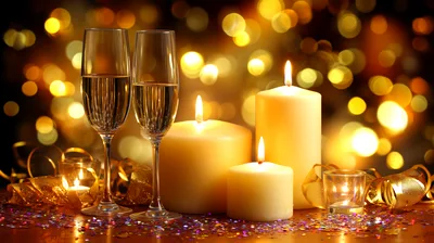 Champagne Flutes And Candles For New Year Celebration