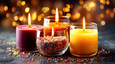 Three Lit Candles With Colorful Sprinkles On Dark Surface