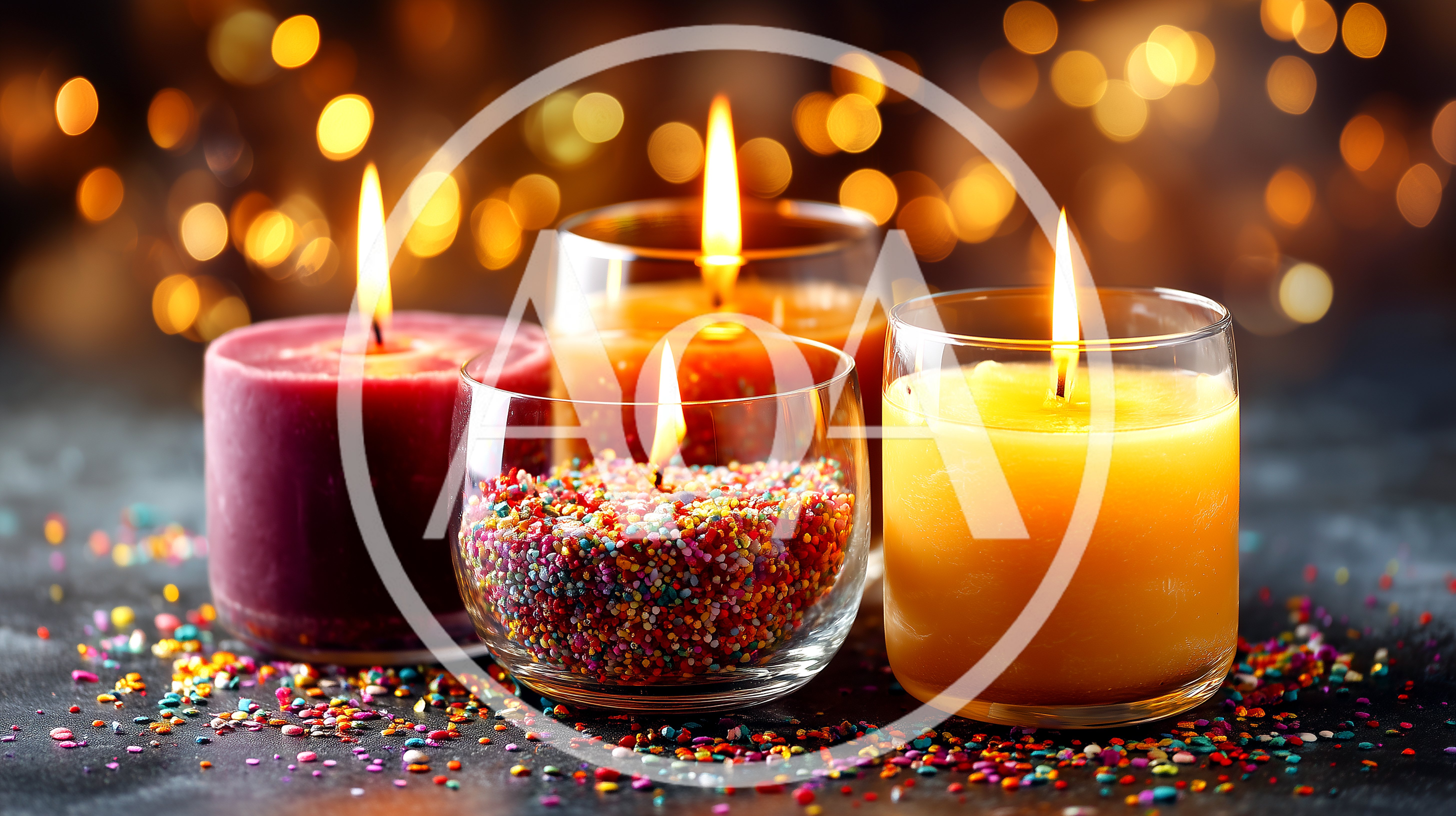 Three Lit Candles With Colorful Sprinkles On Dark Surface
