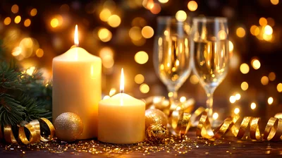 Two Lit Candles With Champagne Glasses And Christmas Decor