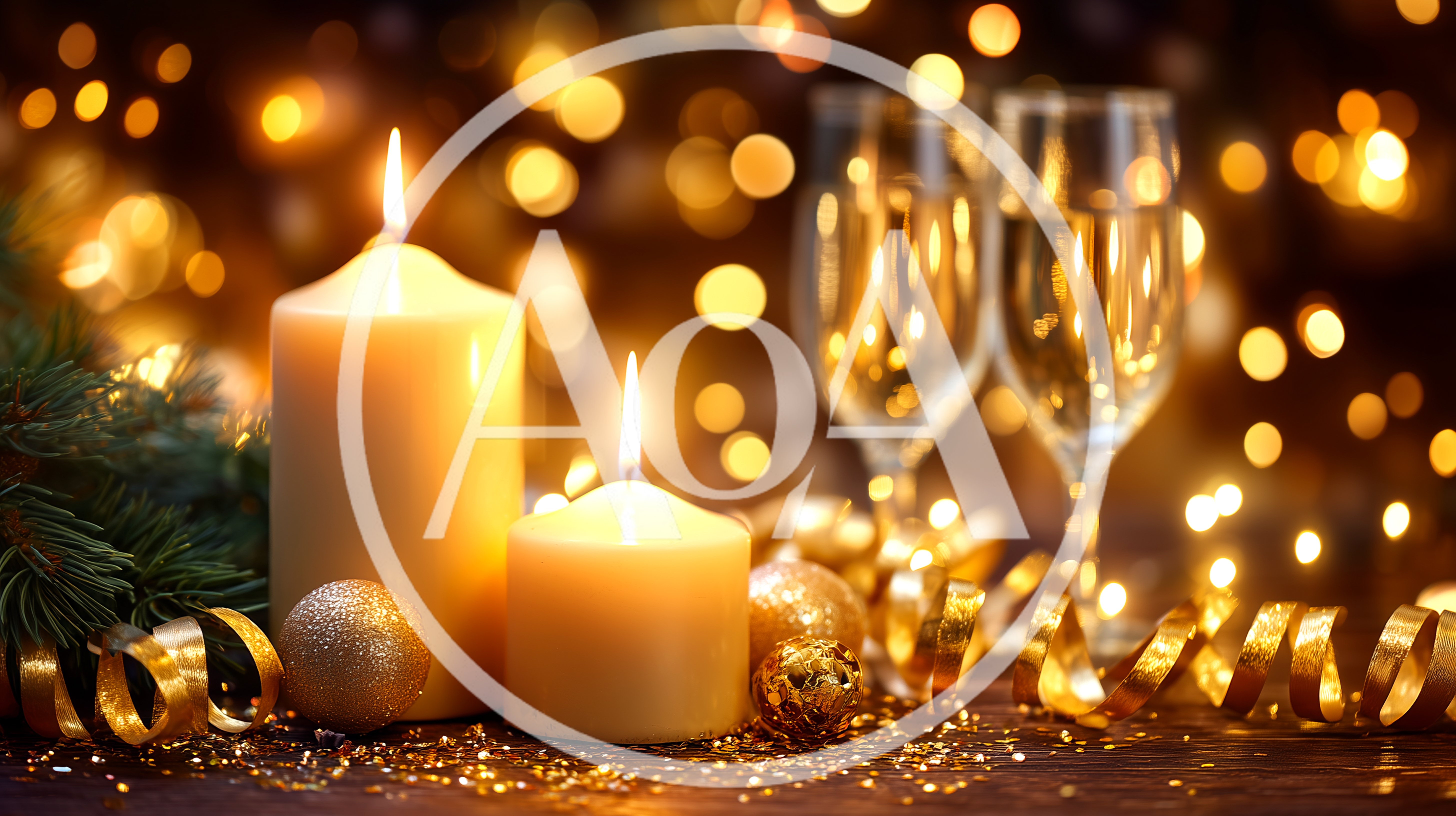 Two Lit Candles With Champagne Glasses And Christmas Decor