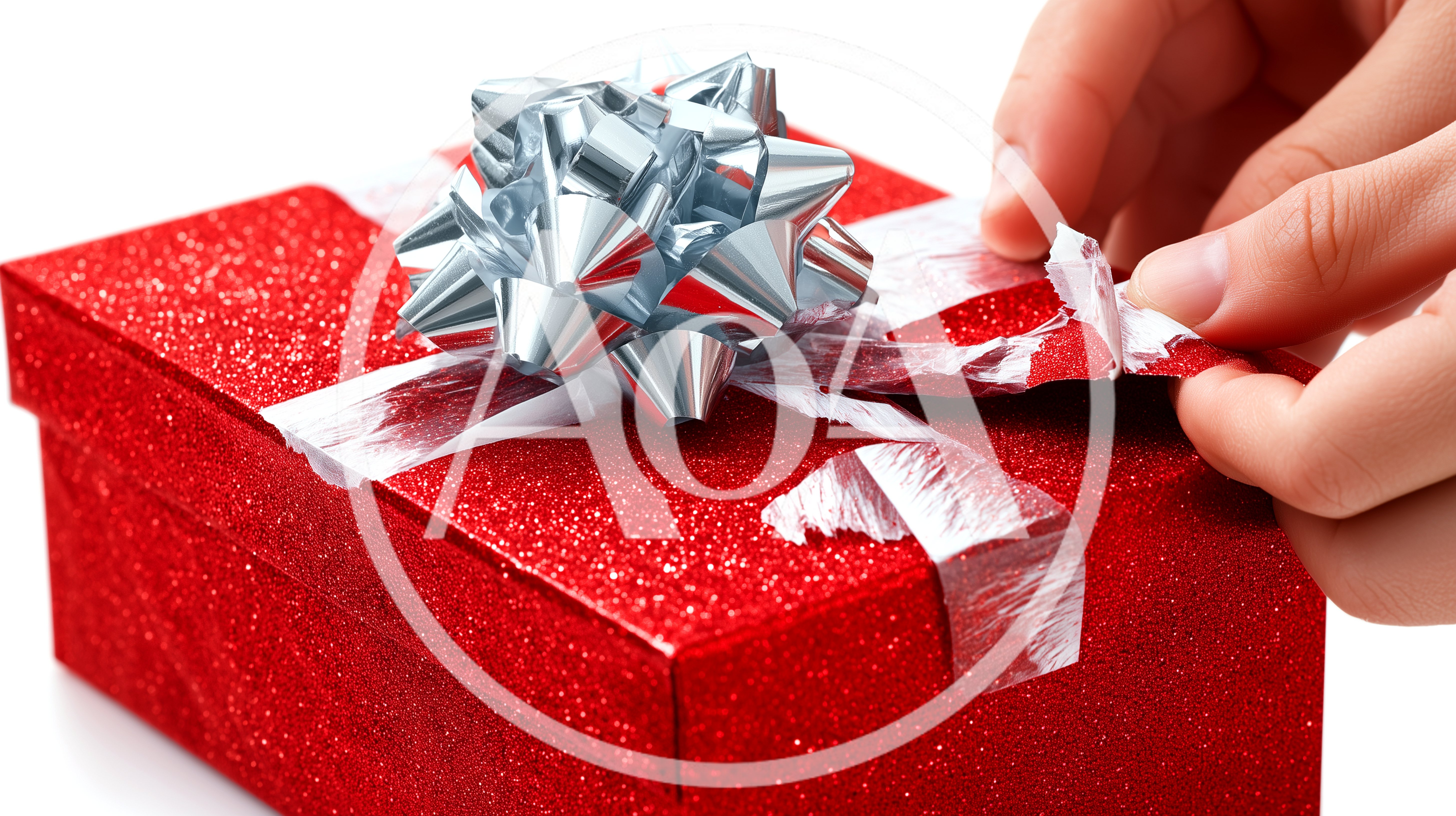 Hands Wrapping A Glittery Red Gift Box