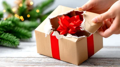 Hands Opening A Torn Christmas Gift Box